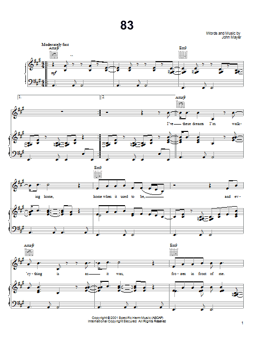 Preview John Mayer 83 Pop sheet music, notes and chords for Piano, Vocal & Guitar (Right-Hand Melody), SKU: 23583 sheet music, piano notes, chords, guitar tabs, score, transpose, transcribe, how to play, guide, download, learn, tutorial, progression, song, artist, awards, billboard, mtv, vh1, tour, single, album, release