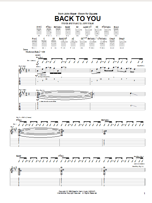 Preview John Mayer Back To You Pop sheet music, notes and chords for Guitar Tab, SKU: 23586 sheet music, piano notes, chords, guitar tabs, score, transpose, transcribe, how to play, guide, download, learn, tutorial, progression, song, artist, awards, billboard, mtv, vh1, tour, single, album, release