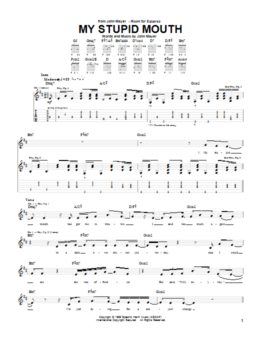 Preview John Mayer My Stupid Mouth Pop sheet music, notes and chords for Guitar Tab, SKU: 23587 sheet music, piano notes, chords, guitar tabs, score, transpose, transcribe, how to play, guide, download, learn, tutorial, progression, song, artist, awards, billboard, mtv, vh1, tour, single, album, release