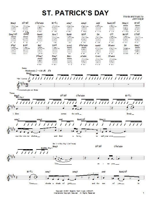 Preview John Mayer St. Patrick's Day Pop sheet music, notes and chords for Guitar Tab, SKU: 23591 sheet music, piano notes, chords, guitar tabs, score, transpose, transcribe, how to play, guide, download, learn, tutorial, progression, song, artist, awards, billboard, mtv, vh1, tour, single, album, release