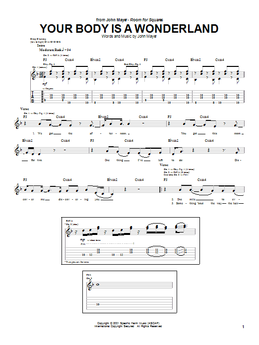 Preview John Mayer Your Body Is A Wonderland Pop sheet music, notes and chords for Guitar Tab, SKU: 23593 sheet music, piano notes, chords, guitar tabs, score, transpose, transcribe, how to play, guide, download, learn, tutorial, progression, song, artist, awards, billboard, mtv, vh1, tour, single, album, release
