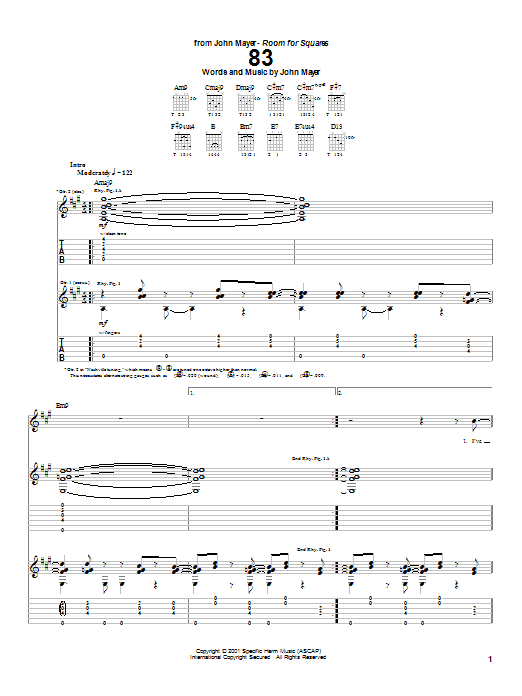 Preview John Mayer 83 Pop sheet music, notes and chords for Guitar Tab, SKU: 23595 sheet music, piano notes, chords, guitar tabs, score, transpose, transcribe, how to play, guide, download, learn, tutorial, progression, song, artist, awards, billboard, mtv, vh1, tour, single, album, release
