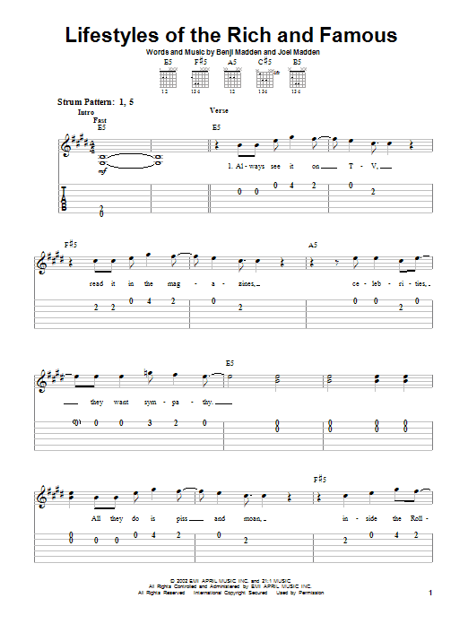 Preview Good Charlotte Lifestyles Of The Rich And Famous Rock sheet music, notes and chords for Easy Guitar Tab, SKU: 23603 sheet music, piano notes, chords, guitar tabs, score, transpose, transcribe, how to play, guide, download, learn, tutorial, progression, song, artist, awards, billboard, mtv, vh1, tour, single, album, release