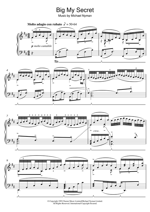 Preview Michael Nyman Big My Secret (from The Piano) Film and TV sheet music, notes and chords for Piano, SKU: 23615 sheet music, piano notes, chords, guitar tabs, score, transpose, transcribe, how to play, guide, download, learn, tutorial, progression, song, artist, awards, billboard, mtv, vh1, tour, single, album, release