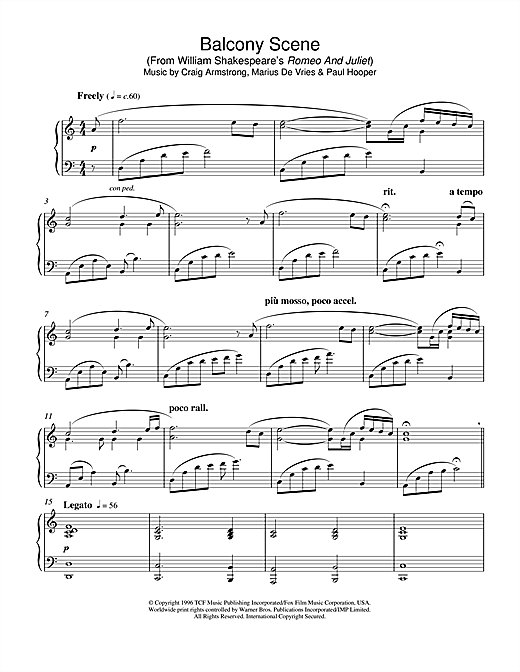 Preview Craig Armstrong Balcony Scene (from Romeo And Juliet) Film and TV sheet music, notes and chords for Piano, SKU: 23619 sheet music, piano notes, chords, guitar tabs, score, transpose, transcribe, how to play, guide, download, learn, tutorial, progression, song, artist, awards, billboard, mtv, vh1, tour, single, album, release