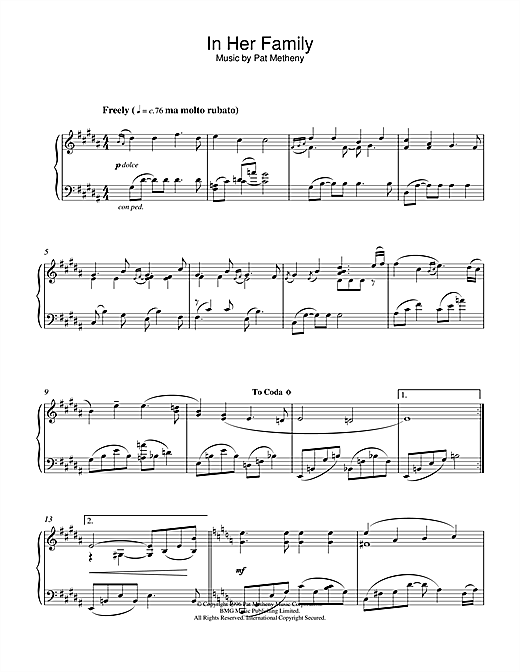 Preview Pat Metheny In Her Family Jazz sheet music, notes and chords for Piano, SKU: 23620 sheet music, piano notes, chords, guitar tabs, score, transpose, transcribe, how to play, guide, download, learn, tutorial, progression, song, artist, awards, billboard, mtv, vh1, tour, single, album, release