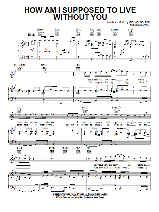 Preview Michael Bolton How Am I Supposed To Live Without You Pop sheet music, notes and chords for Piano, Vocal & Guitar (Right-Hand Melody), SKU: 23636 sheet music, piano notes, chords, guitar tabs, score, transpose, transcribe, how to play, guide, download, learn, tutorial, progression, song, artist, awards, billboard, mtv, vh1, tour, single, album, release