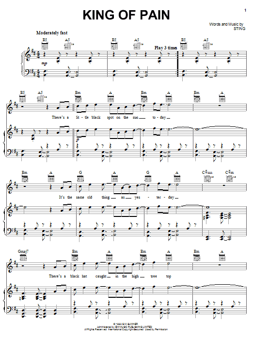 Preview The Police King Of Pain Rock sheet music, notes and chords for Piano, Vocal & Guitar (Right-Hand Melody), SKU: 23638 sheet music, piano notes, chords, guitar tabs, score, transpose, transcribe, how to play, guide, download, learn, tutorial, progression, song, artist, awards, billboard, mtv, vh1, tour, single, album, release