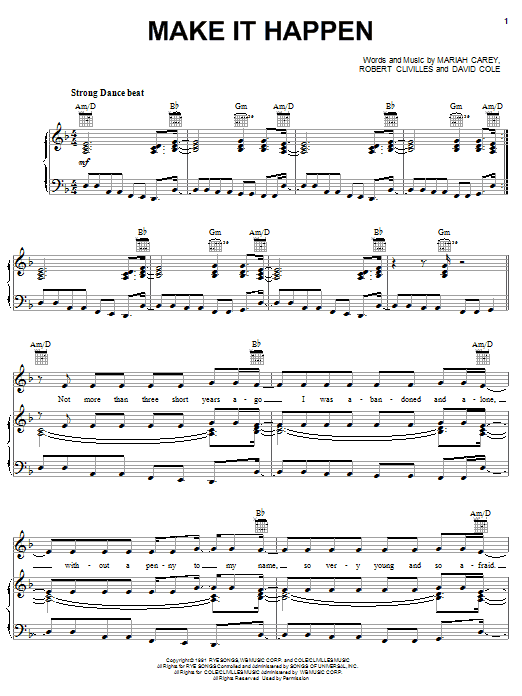 Preview Mariah Carey Make It Happen Pop sheet music, notes and chords for Piano, Vocal & Guitar (Right-Hand Melody), SKU: 23639 sheet music, piano notes, chords, guitar tabs, score, transpose, transcribe, how to play, guide, download, learn, tutorial, progression, song, artist, awards, billboard, mtv, vh1, tour, single, album, release