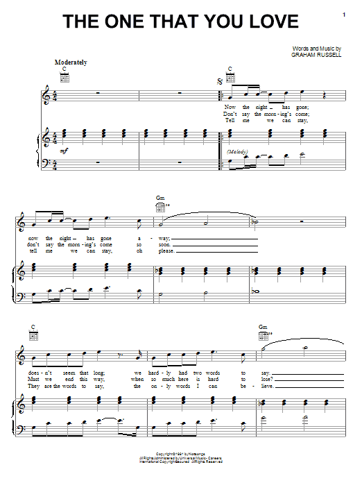 Preview Air Supply The One That You Love Pop sheet music, notes and chords for Piano, Vocal & Guitar (Right-Hand Melody), SKU: 23640 sheet music, piano notes, chords, guitar tabs, score, transpose, transcribe, how to play, guide, download, learn, tutorial, progression, song, artist, awards, billboard, mtv, vh1, tour, single, album, release