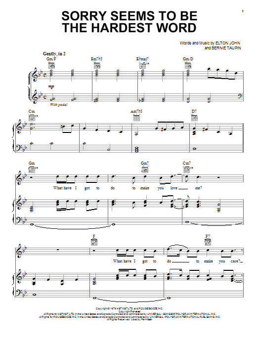 Preview Elton John Sorry Seems To Be The Hardest Word Rock sheet music, notes and chords for Piano, Vocal & Guitar (Right-Hand Melody), SKU: 23641 sheet music, piano notes, chords, guitar tabs, score, transpose, transcribe, how to play, guide, download, learn, tutorial, progression, song, artist, awards, billboard, mtv, vh1, tour, single, album, release