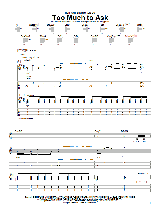 Preview Avril Lavigne Too Much To Ask Rock sheet music, notes and chords for Guitar Tab, SKU: 23650 sheet music, piano notes, chords, guitar tabs, score, transpose, transcribe, how to play, guide, download, learn, tutorial, progression, song, artist, awards, billboard, mtv, vh1, tour, single, album, release