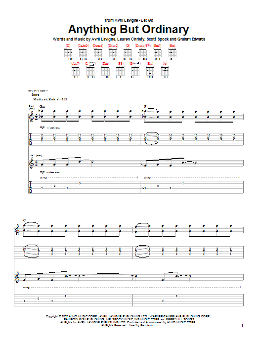 Preview Avril Lavigne Anything But Ordinary Rock sheet music, notes and chords for Guitar Tab, SKU: 23652 sheet music, piano notes, chords, guitar tabs, score, transpose, transcribe, how to play, guide, download, learn, tutorial, progression, song, artist, awards, billboard, mtv, vh1, tour, single, album, release