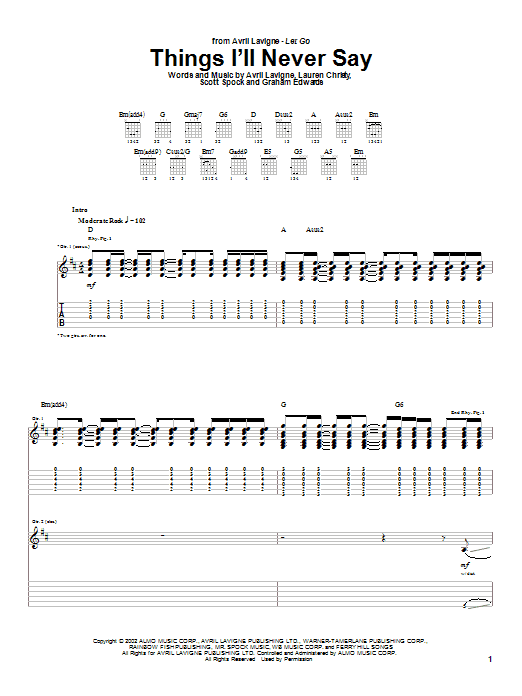 Preview Avril Lavigne Things I'll Never Say Rock sheet music, notes and chords for Guitar Tab, SKU: 23653 sheet music, piano notes, chords, guitar tabs, score, transpose, transcribe, how to play, guide, download, learn, tutorial, progression, song, artist, awards, billboard, mtv, vh1, tour, single, album, release