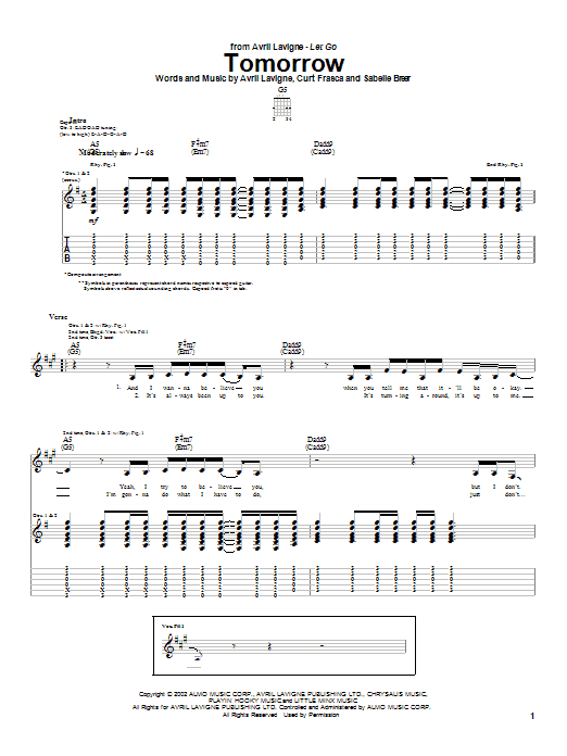 Preview Avril Lavigne Tomorrow Rock sheet music, notes and chords for Guitar Tab, SKU: 23655 sheet music, piano notes, chords, guitar tabs, score, transpose, transcribe, how to play, guide, download, learn, tutorial, progression, song, artist, awards, billboard, mtv, vh1, tour, single, album, release