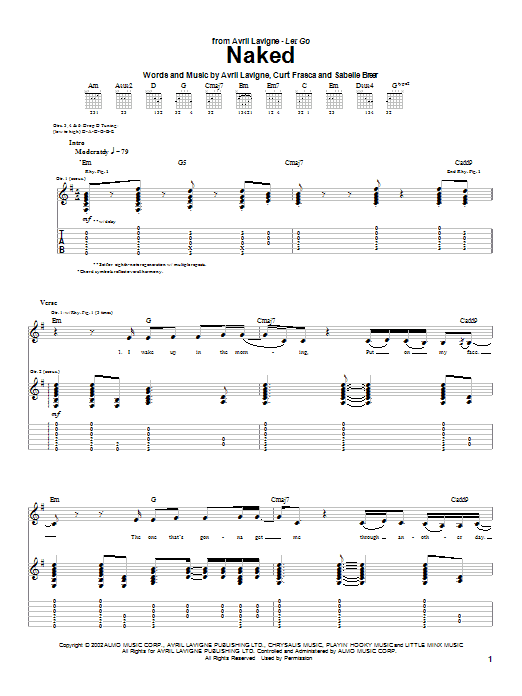 Preview Avril Lavigne Naked Rock sheet music, notes and chords for Guitar Tab, SKU: 23656 sheet music, piano notes, chords, guitar tabs, score, transpose, transcribe, how to play, guide, download, learn, tutorial, progression, song, artist, awards, billboard, mtv, vh1, tour, single, album, release
