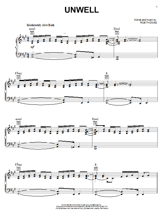 Preview Matchbox Twenty Unwell Rock sheet music, notes and chords for Piano, Vocal & Guitar (Right-Hand Melody), SKU: 23663 sheet music, piano notes, chords, guitar tabs, score, transpose, transcribe, how to play, guide, download, learn, tutorial, progression, song, artist, awards, billboard, mtv, vh1, tour, single, album, release