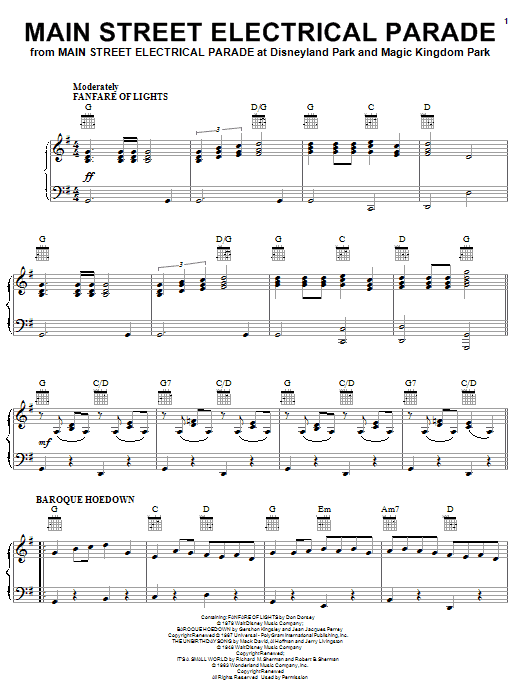 Preview Don Dorsey Main Street Electrical Parade (from Main Street Electrical Parade at Disneyland) Film and TV sheet music, notes and chords for Piano, Vocal & Guitar (Right-Hand Melody), SKU: 23671 sheet music, piano notes, chords, guitar tabs, score, transpose, transcribe, how to play, guide, download, learn, tutorial, progression, song, artist, awards, billboard, mtv, vh1, tour, single, album, release