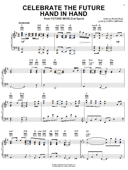 Preview Ira Antelis Celebrate The Future Hand In Hand (from Future World at Epcot) Children sheet music, notes and chords for Piano, Vocal & Guitar (Right-Hand Melody), SKU: 23672 sheet music, piano notes, chords, guitar tabs, score, transpose, transcribe, how to play, guide, download, learn, tutorial, progression, song, artist, awards, billboard, mtv, vh1, tour, single, album, release