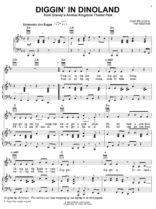 Preview Tish Eastman Diggin' In Dinoland (from Disney's Animal Kindom Theme Park) Film and TV sheet music, notes and chords for Piano, Vocal & Guitar (Right-Hand Melody), SKU: 23676 sheet music, piano notes, chords, guitar tabs, score, transpose, transcribe, how to play, guide, download, learn, tutorial, progression, song, artist, awards, billboard, mtv, vh1, tour, single, album, release