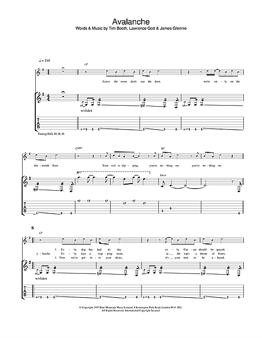 Preview James Avalanche Pop sheet music, notes and chords for Guitar Tab, SKU: 23686 sheet music, piano notes, chords, guitar tabs, score, transpose, transcribe, how to play, guide, download, learn, tutorial, progression, song, artist, awards, billboard, mtv, vh1, tour, single, album, release