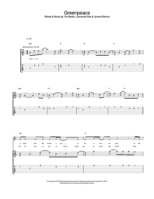 Preview James Greenpeace Pop sheet music, notes and chords for Guitar Tab, SKU: 23688 sheet music, piano notes, chords, guitar tabs, score, transpose, transcribe, how to play, guide, download, learn, tutorial, progression, song, artist, awards, billboard, mtv, vh1, tour, single, album, release