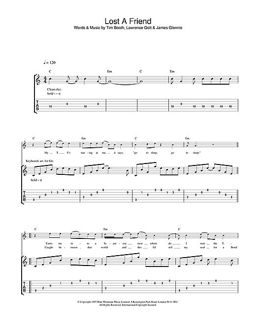 Preview James Lost A Friend Pop sheet music, notes and chords for Guitar Tab, SKU: 23690 sheet music, piano notes, chords, guitar tabs, score, transpose, transcribe, how to play, guide, download, learn, tutorial, progression, song, artist, awards, billboard, mtv, vh1, tour, single, album, release