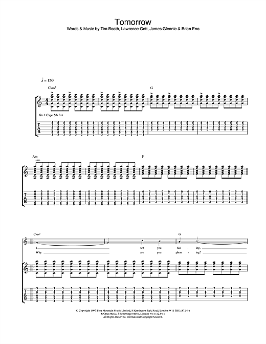 Preview James Tomorrow Pop sheet music, notes and chords for Guitar Tab, SKU: 23693 sheet music, piano notes, chords, guitar tabs, score, transpose, transcribe, how to play, guide, download, learn, tutorial, progression, song, artist, awards, billboard, mtv, vh1, tour, single, album, release