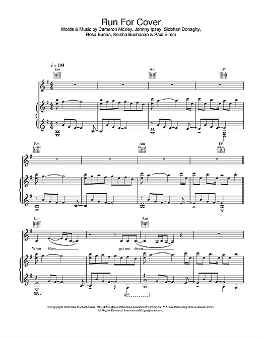 Preview Sugababes Run For Cover R & B sheet music, notes and chords for Piano, Vocal & Guitar, SKU: 23698 sheet music, piano notes, chords, guitar tabs, score, transpose, transcribe, how to play, guide, download, learn, tutorial, progression, song, artist, awards, billboard, mtv, vh1, tour, single, album, release