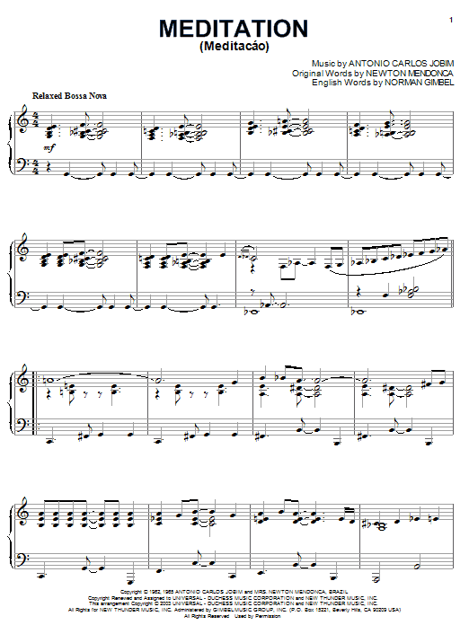 Preview Antonio Carlos Jobim Meditation (Meditacao) Jazz sheet music, notes and chords for Piano, SKU: 23714 sheet music, piano notes, chords, guitar tabs, score, transpose, transcribe, how to play, guide, download, learn, tutorial, progression, song, artist, awards, billboard, mtv, vh1, tour, single, album, release
