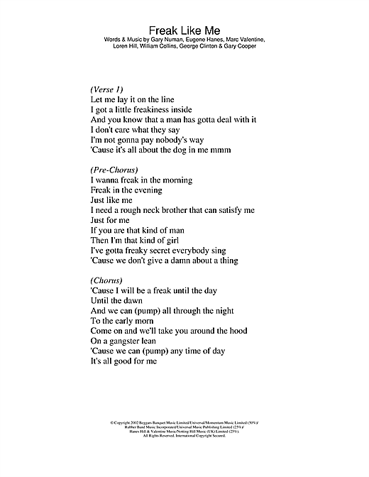 Preview Sugababes Freak Like Me R & B sheet music, notes and chords for Lyrics Only, SKU: 23768 sheet music, piano notes, chords, guitar tabs, score, transpose, transcribe, how to play, guide, download, learn, tutorial, progression, song, artist, awards, billboard, mtv, vh1, tour, single, album, release