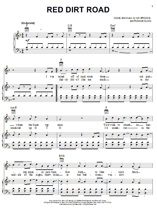 Preview Brooks & Dunn Red Dirt Road Country sheet music, notes and chords for Piano, Vocal & Guitar (Right-Hand Melody), SKU: 23773 sheet music, piano notes, chords, guitar tabs, score, transpose, transcribe, how to play, guide, download, learn, tutorial, progression, song, artist, awards, billboard, mtv, vh1, tour, single, album, release