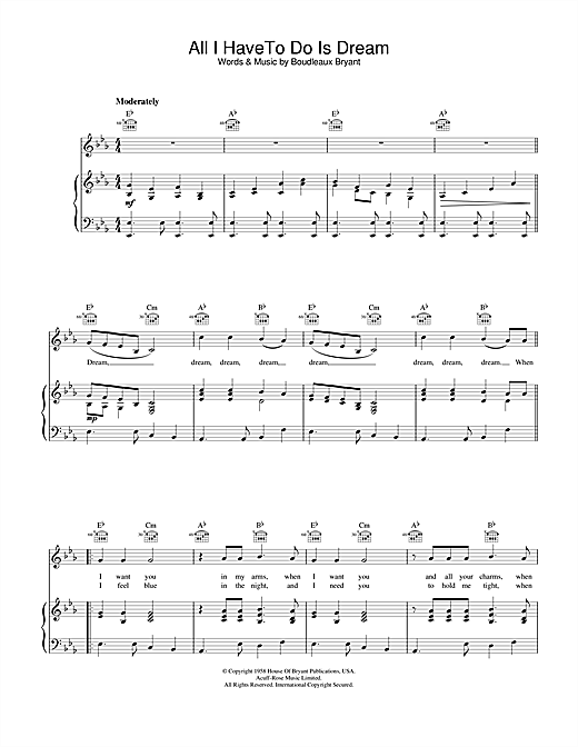 Preview Everly Brothers All I Have To Do Is Dream Pop sheet music, notes and chords for Piano, Vocal & Guitar (Right-Hand Melody), SKU: 23787 sheet music, piano notes, chords, guitar tabs, score, transpose, transcribe, how to play, guide, download, learn, tutorial, progression, song, artist, awards, billboard, mtv, vh1, tour, single, album, release