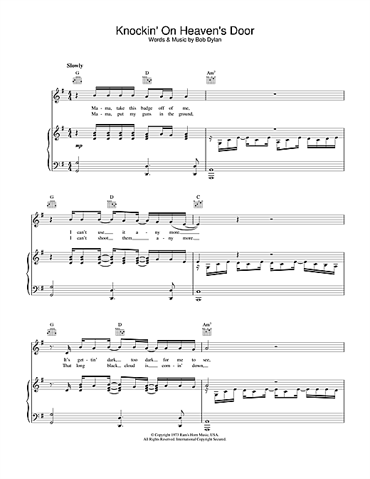 Preview Bob Dylan Knockin' On Heaven's Door Rock sheet music, notes and chords for Piano, Vocal & Guitar (Right-Hand Melody), SKU: 23788 sheet music, piano notes, chords, guitar tabs, score, transpose, transcribe, how to play, guide, download, learn, tutorial, progression, song, artist, awards, billboard, mtv, vh1, tour, single, album, release