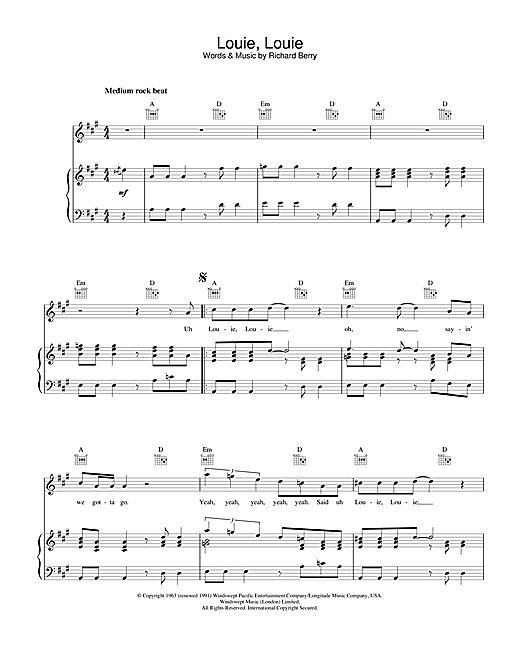 Preview The Kingsmen Louie, Louie Pop sheet music, notes and chords for Piano, Vocal & Guitar (Right-Hand Melody), SKU: 23789 sheet music, piano notes, chords, guitar tabs, score, transpose, transcribe, how to play, guide, download, learn, tutorial, progression, song, artist, awards, billboard, mtv, vh1, tour, single, album, release