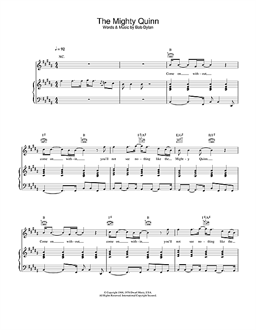 Preview Manfred Mann Quinn The Eskimo (The Mighty Quinn) Rock sheet music, notes and chords for Piano, Vocal & Guitar, SKU: 23792 sheet music, piano notes, chords, guitar tabs, score, transpose, transcribe, how to play, guide, download, learn, tutorial, progression, song, artist, awards, billboard, mtv, vh1, tour, single, album, release