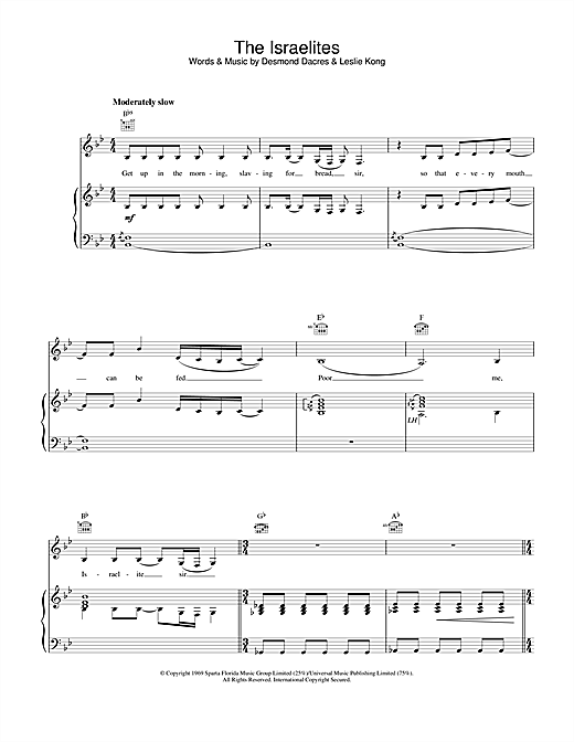 Preview Desmond Dekker The Israelites Reggae sheet music, notes and chords for Piano, Vocal & Guitar (Right-Hand Melody), SKU: 23796 sheet music, piano notes, chords, guitar tabs, score, transpose, transcribe, how to play, guide, download, learn, tutorial, progression, song, artist, awards, billboard, mtv, vh1, tour, single, album, release