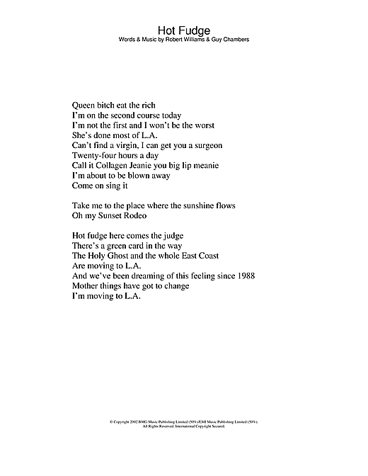 Preview Robbie Williams Hot Fudge Pop sheet music, notes and chords for Lyrics Only, SKU: 23802 sheet music, piano notes, chords, guitar tabs, score, transpose, transcribe, how to play, guide, download, learn, tutorial, progression, song, artist, awards, billboard, mtv, vh1, tour, single, album, release