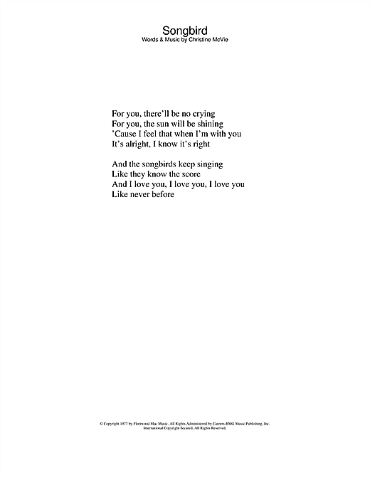 Preview Eva Cassidy/Fleetwood Mac Songbird Pop sheet music, notes and chords for Lyrics Only, SKU: 23806 sheet music, piano notes, chords, guitar tabs, score, transpose, transcribe, how to play, guide, download, learn, tutorial, progression, song, artist, awards, billboard, mtv, vh1, tour, single, album, release