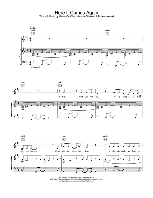 Preview Melanie C Here It Comes Again Pop sheet music, notes and chords for Piano, Vocal & Guitar, SKU: 23810 sheet music, piano notes, chords, guitar tabs, score, transpose, transcribe, how to play, guide, download, learn, tutorial, progression, song, artist, awards, billboard, mtv, vh1, tour, single, album, release