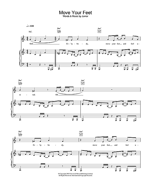 Preview Junior Senior Move Your Feet Pop sheet music, notes and chords for Piano, Vocal & Guitar, SKU: 23811 sheet music, piano notes, chords, guitar tabs, score, transpose, transcribe, how to play, guide, download, learn, tutorial, progression, song, artist, awards, billboard, mtv, vh1, tour, single, album, release
