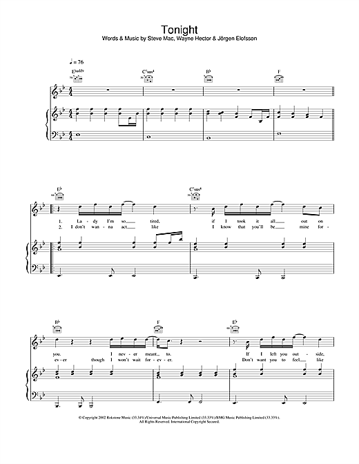 Preview Westlife Tonight Pop sheet music, notes and chords for Piano, Vocal & Guitar, SKU: 23813 sheet music, piano notes, chords, guitar tabs, score, transpose, transcribe, how to play, guide, download, learn, tutorial, progression, song, artist, awards, billboard, mtv, vh1, tour, single, album, release