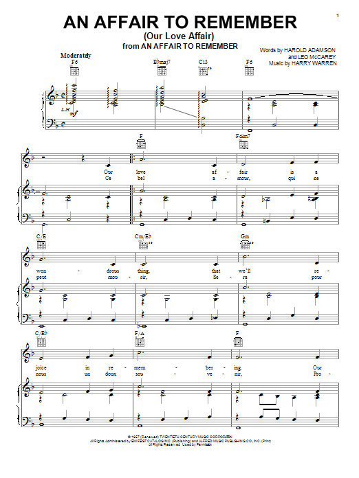 Preview Vic Damone An Affair To Remember (Our Love Affair) Film and TV sheet music, notes and chords for Piano, Vocal & Guitar (Right-Hand Melody), SKU: 23830 sheet music, piano notes, chords, guitar tabs, score, transpose, transcribe, how to play, guide, download, learn, tutorial, progression, song, artist, awards, billboard, mtv, vh1, tour, single, album, release
