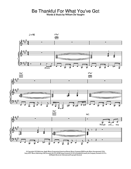 Preview Massive Attack Be Thankful For What You've Got Dance sheet music, notes and chords for Piano, Vocal & Guitar (Right-Hand Melody), SKU: 23851 Be Thankful For What You've Got sheet music