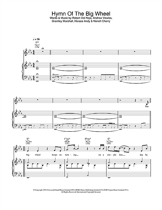 Preview Massive Attack Hymn Of The Big Wheel Dance sheet music, notes and chords for Piano, Vocal & Guitar, SKU: 23855 sheet music, piano notes, chords, guitar tabs, score, transpose, transcribe, how to play, guide, download, learn, tutorial, progression, song, artist, awards, billboard, mtv, vh1, tour, single, album, release