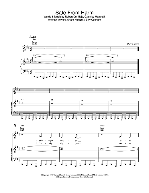 Preview Massive Attack Safe From Harm Dance sheet music, notes and chords for Piano, Vocal & Guitar, SKU: 23869 sheet music, piano notes, chords, guitar tabs, score, transpose, transcribe, how to play, guide, download, learn, tutorial, progression, song, artist, awards, billboard, mtv, vh1, tour, single, album, release