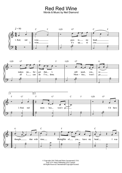 Preview UB40 Red Red Wine Pop sheet music, notes and chords for Easy Piano, SKU: 23895 Red Red Wine sheet music