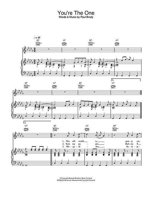Preview Paul Brady You're The One Folk sheet music, notes and chords for Piano, Vocal & Guitar, SKU: 24204 sheet music, piano notes, chords, guitar tabs, score, transpose, transcribe, how to play, guide, download, learn, tutorial, progression, song, artist, awards, billboard, mtv, vh1, tour, single, album, release