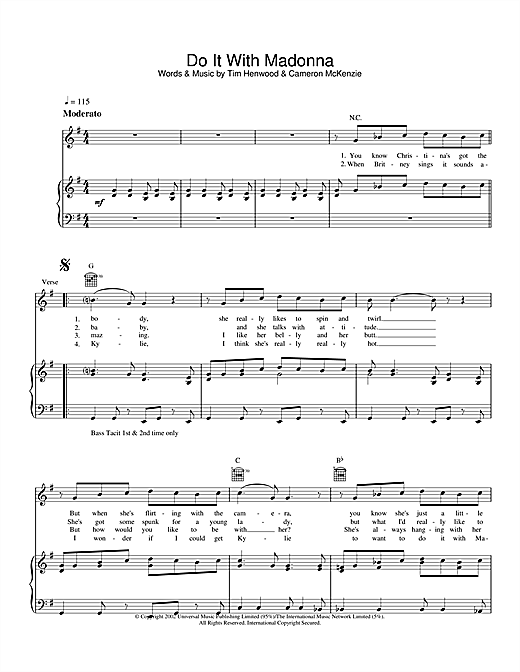 Preview The Androids Do It With Madonna Pop sheet music, notes and chords for Piano, Vocal & Guitar (Right-Hand Melody), SKU: 24205 sheet music, piano notes, chords, guitar tabs, score, transpose, transcribe, how to play, guide, download, learn, tutorial, progression, song, artist, awards, billboard, mtv, vh1, tour, single, album, release