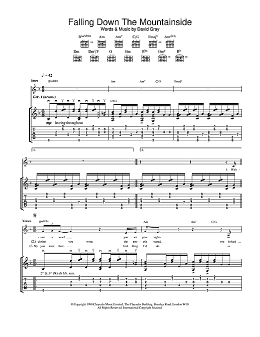 Preview David Gray Falling Down The Mountainside Pop sheet music, notes and chords for Guitar Tab, SKU: 24264 sheet music, piano notes, chords, guitar tabs, score, transpose, transcribe, how to play, guide, download, learn, tutorial, progression, song, artist, awards, billboard, mtv, vh1, tour, single, album, release